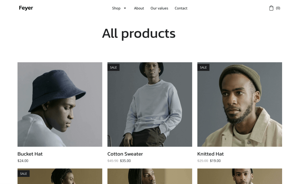 Halaman toko dari template website Feyer di Website Builder Hostinger