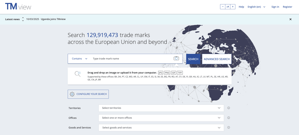 Tool pencarian TMView milik Kantor Kekayaan Intelektual Uni Eropa (EUIPO)