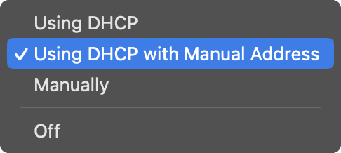 Menggunakan DHCP dengan opsi alamat manual yang dipilih