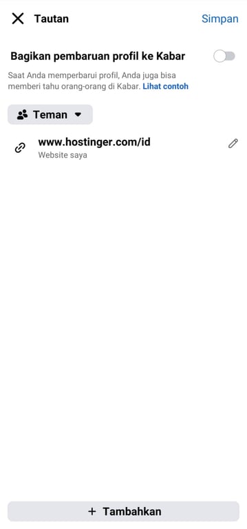 Opsi untuk menambahkan tautan di profil Facebook