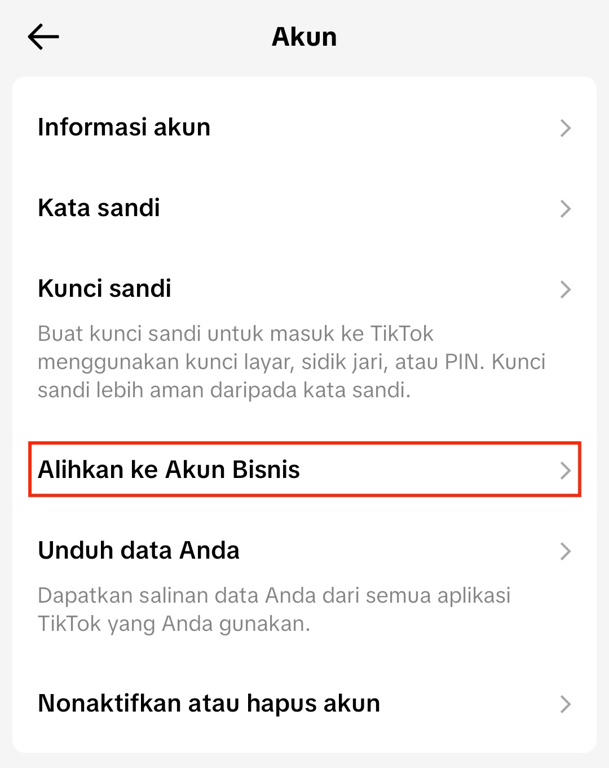 Opsi di TikTok untuk beralih ke akun bisnis
