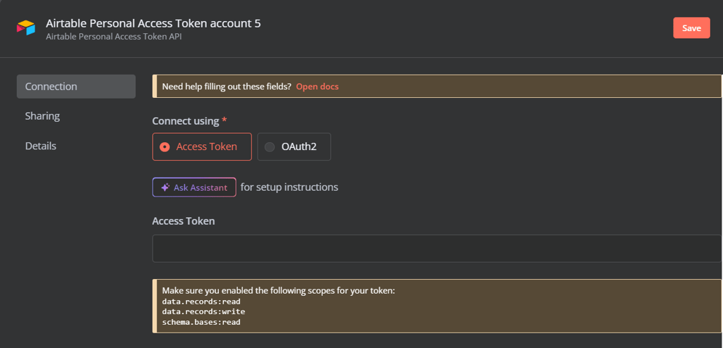 Menambahkan detail token Airtable ke konfigurasi node Airtable di n8n