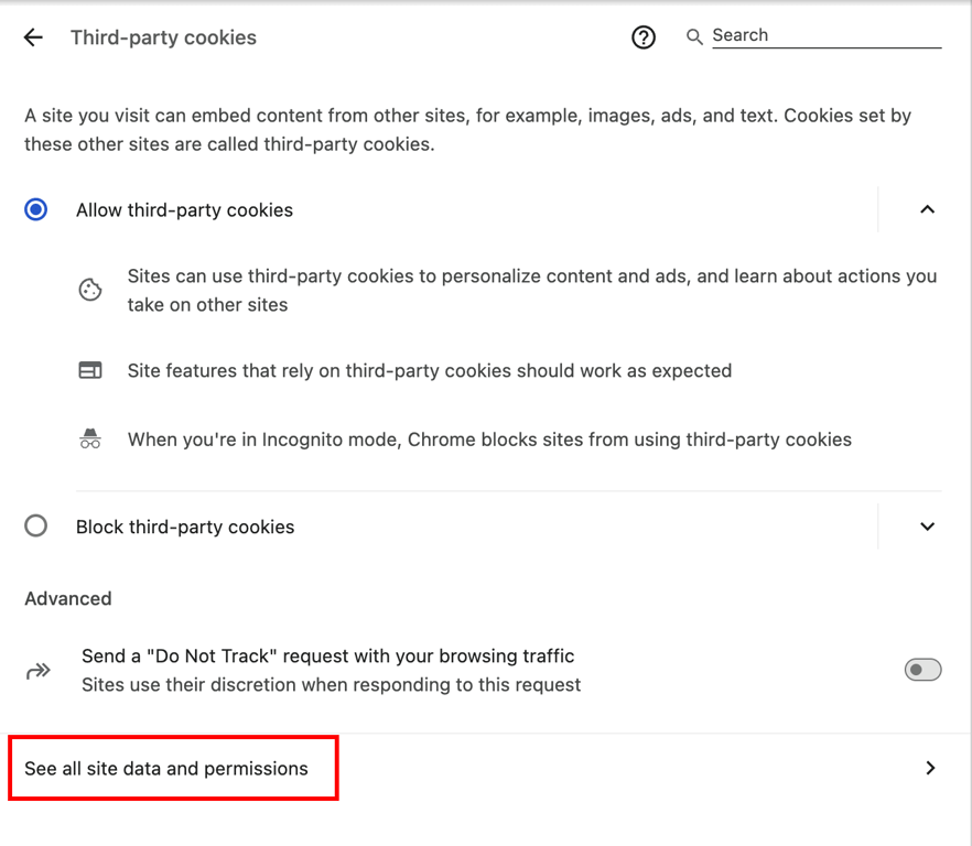 Pengaturan Chrome menampilkan opsi untuk melihat semua data dan izin website