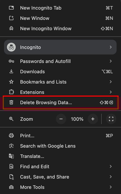 Menu titik tiga Chrome dengan opsi Delete browsing data yang dipilih
