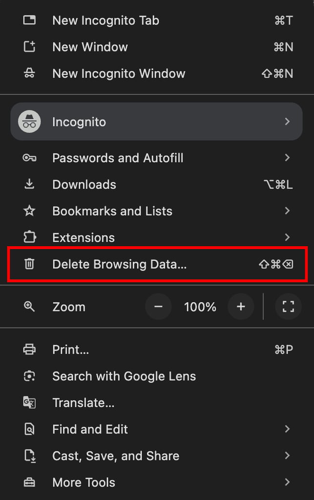 Menu titik tiga Chrome dengan opsi Delete browsing data yang dipilih