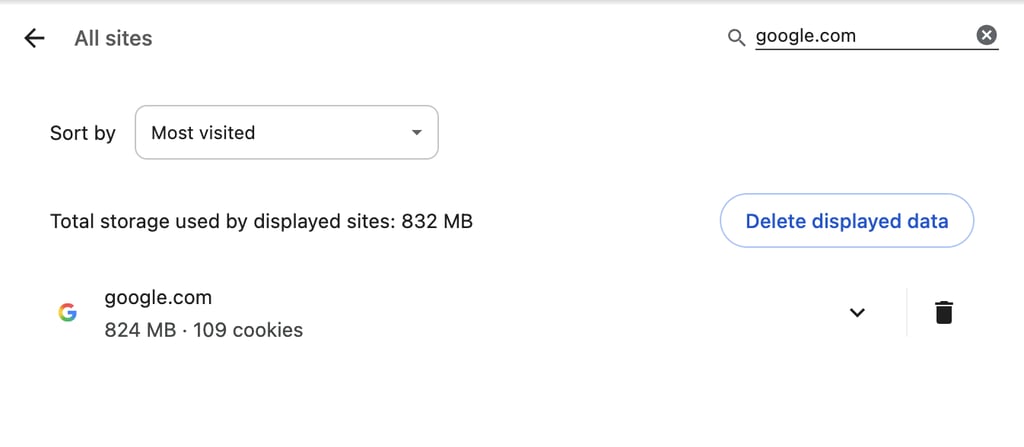 Opsi menghapus cookie di Chrome dengan tombol Delete displayed data