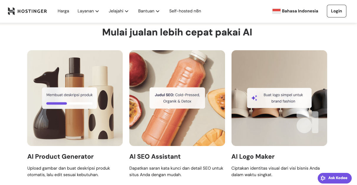 Fitur-fitur tool Website Builder Toko Online Hostinger, menyoroti beberapa opsi yang mungkin disediakan oleh tool semacam ini