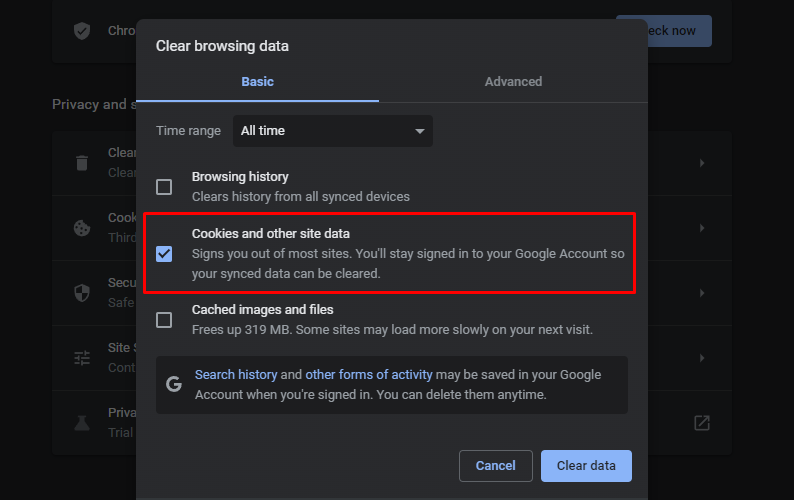 Memilih untuk menghapus semua data cookie di Chrome