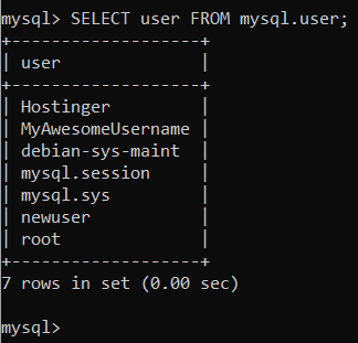 Hasil query MySQL yang menampilkan daftar semua user
