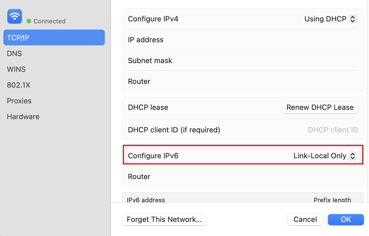 Pengaturan IPv6 di macOS yang diatur ke Link local only