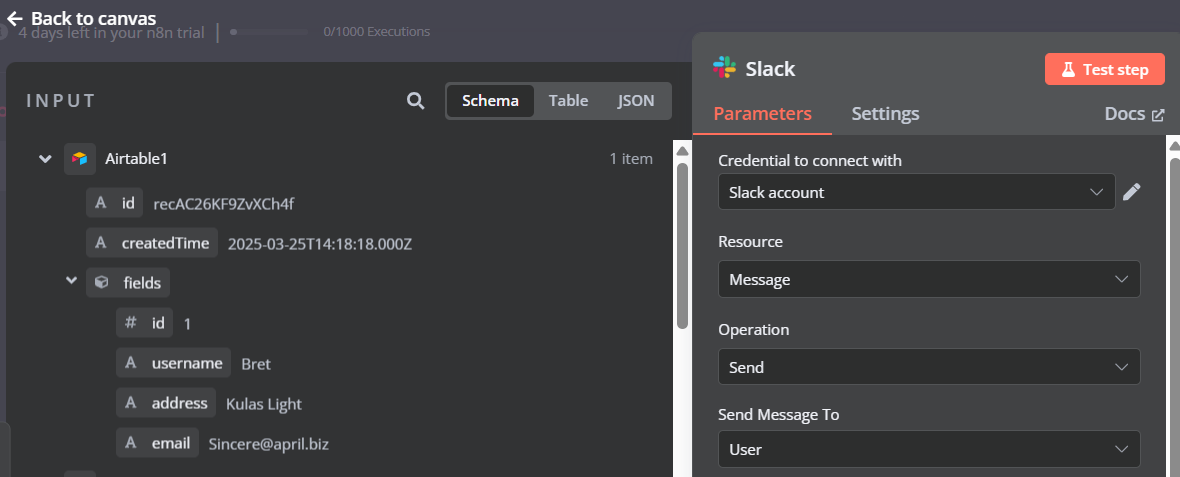 Konfigurasi node Slack di n8n untuk mengirim pesan