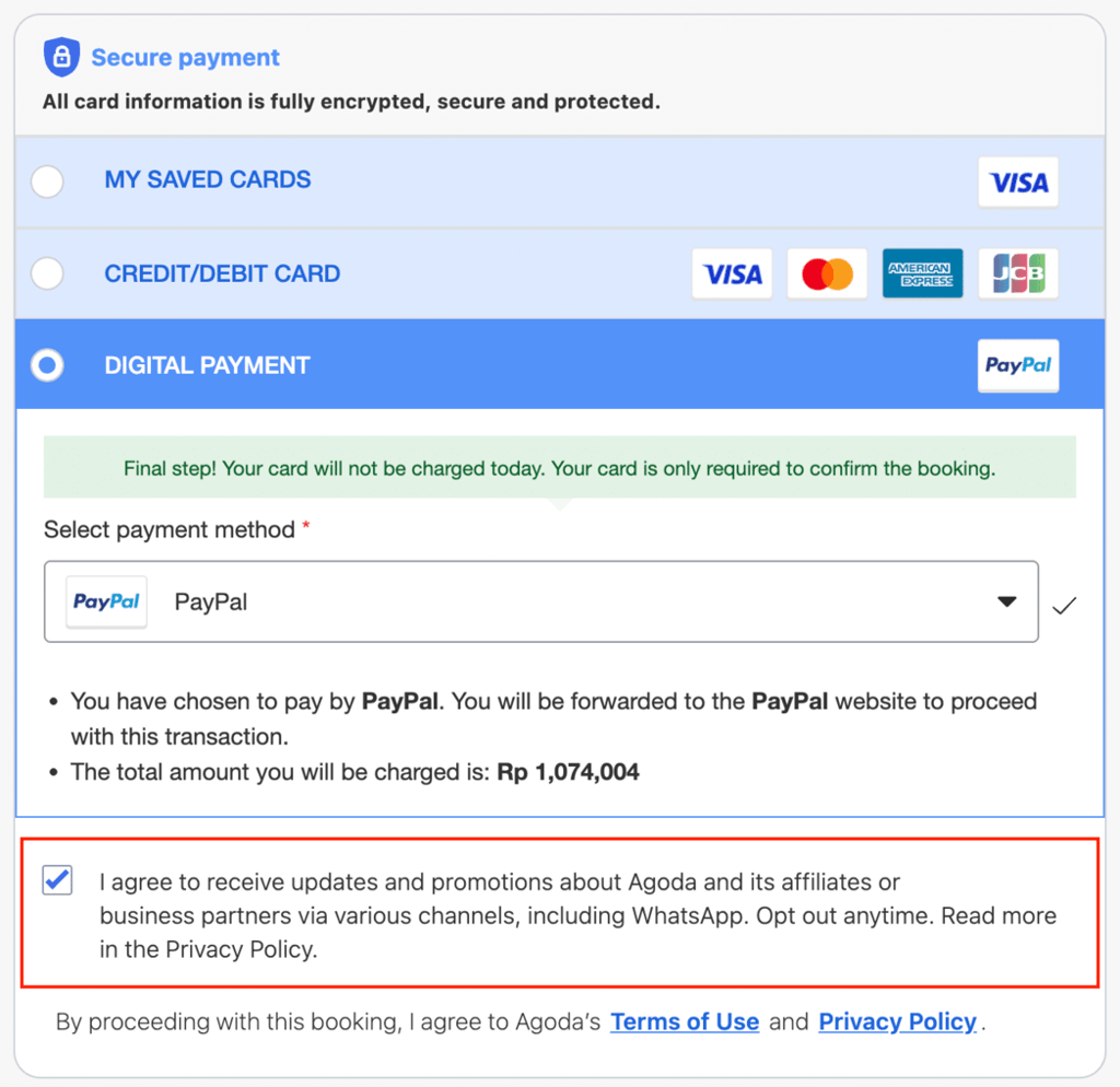 Kotak centang persetujuan di halaman checkout Agoda