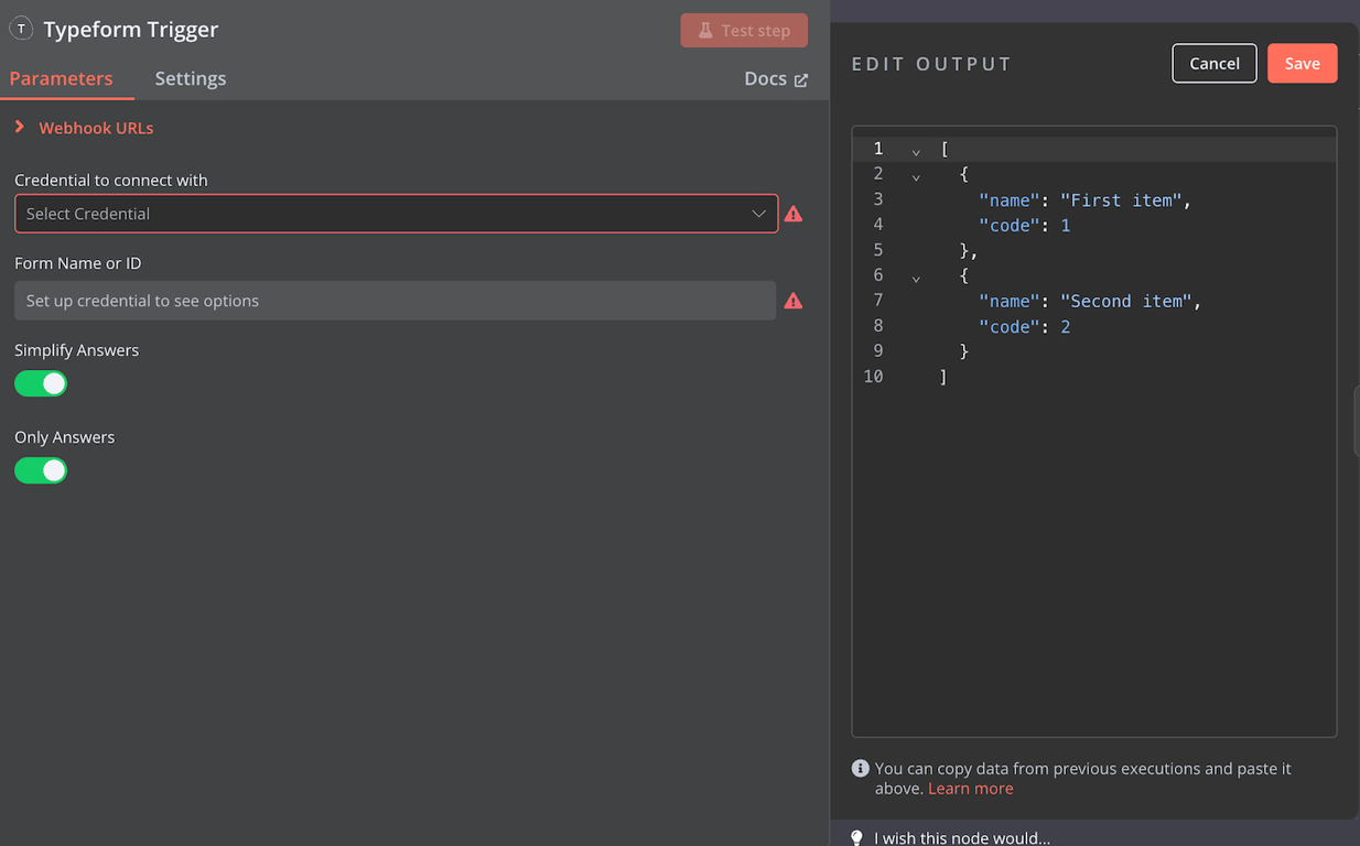 Konfigurasi data mock n8n