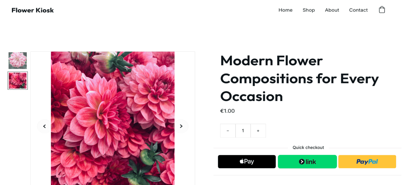 Halaman produk yang dibuat menggunakan Hostinger Website Builder menampilkan fitur Quick checkout.
