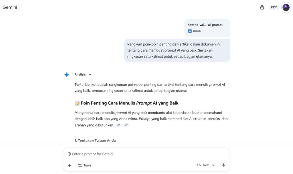 Contoh menulis prompt AI Gemini untuk meringkas teks dokumen