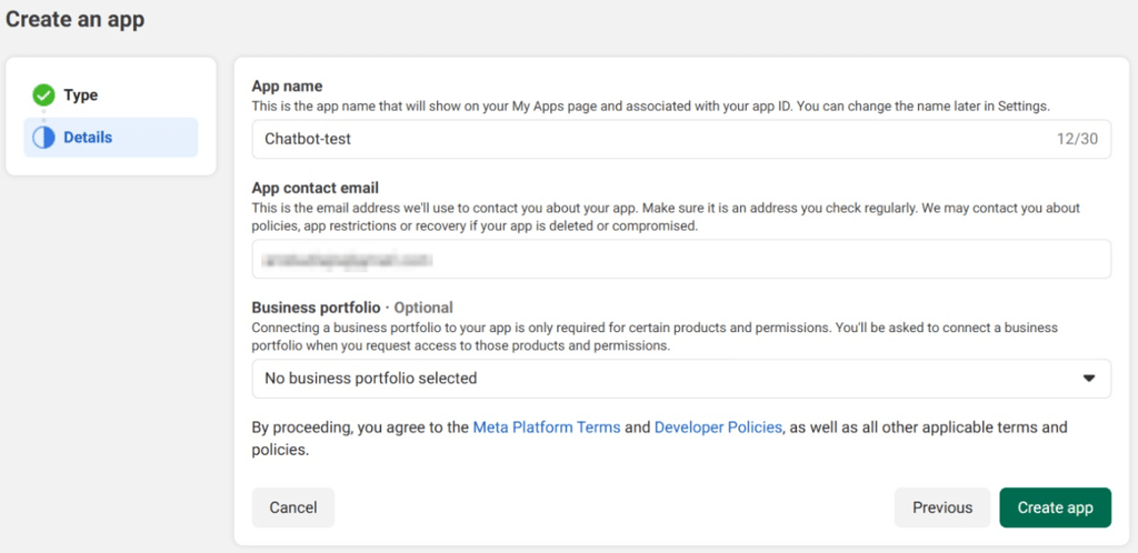 Layar terakhir halaman pembuatan aplikasi di portal developer Meta