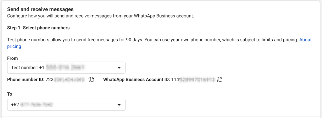 Bagian “Kirim dan terima pesan” pada halaman konfigurasi aplikasi WhatsApp di Meta