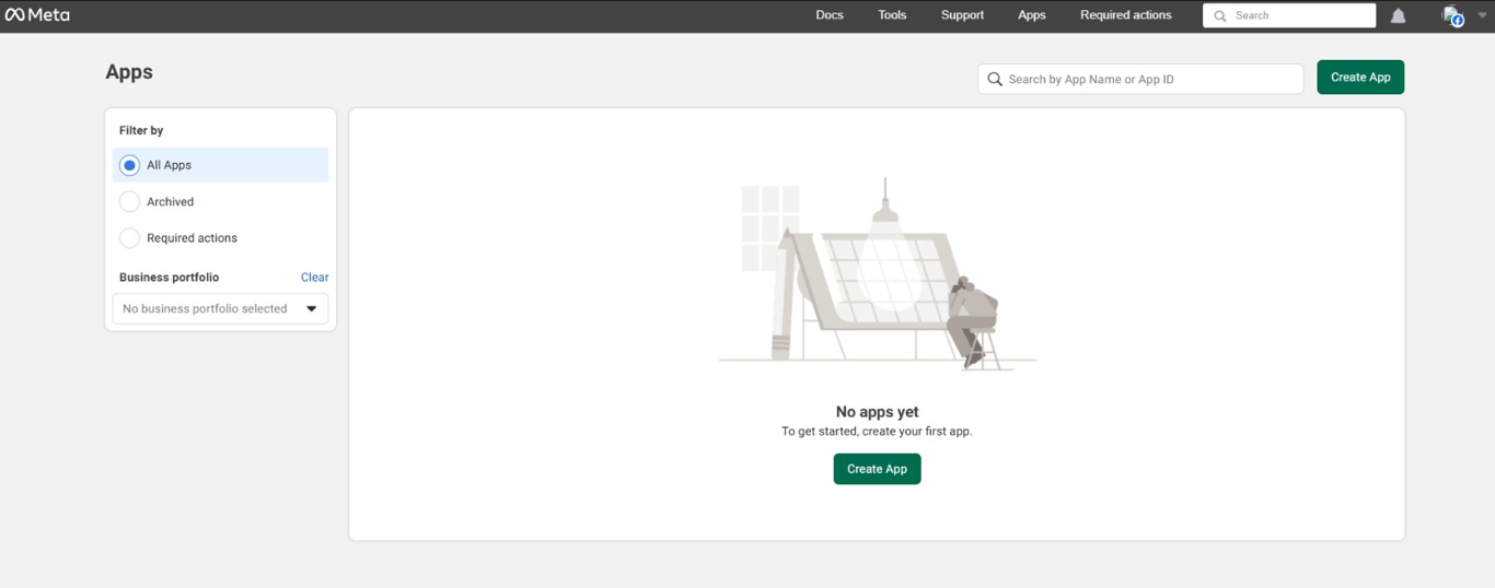 Layar selamat datang halaman developer Meta