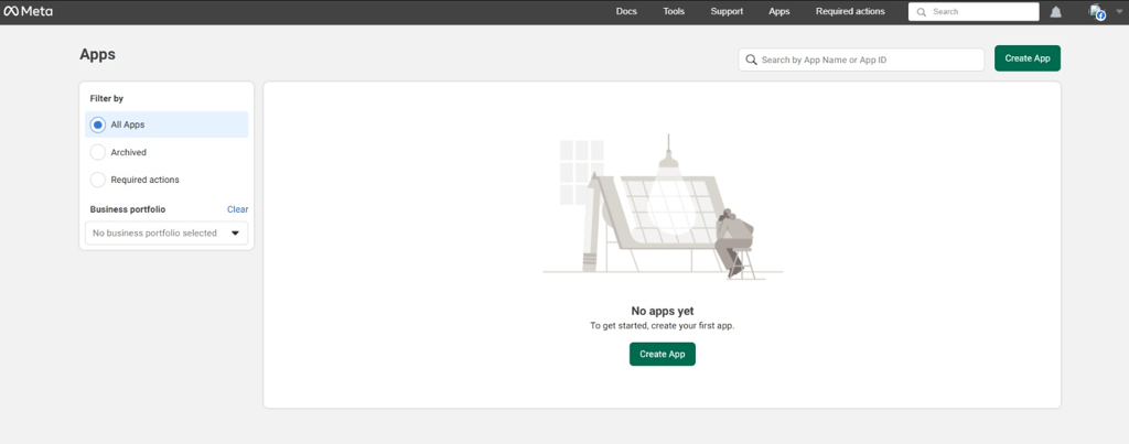 Layar selamat datang halaman developer Meta