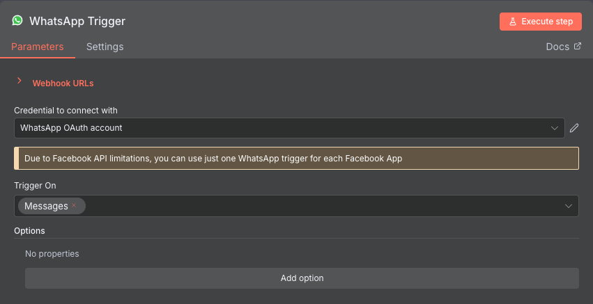 Menu konfigurasi node trigger WhatsApp On Message