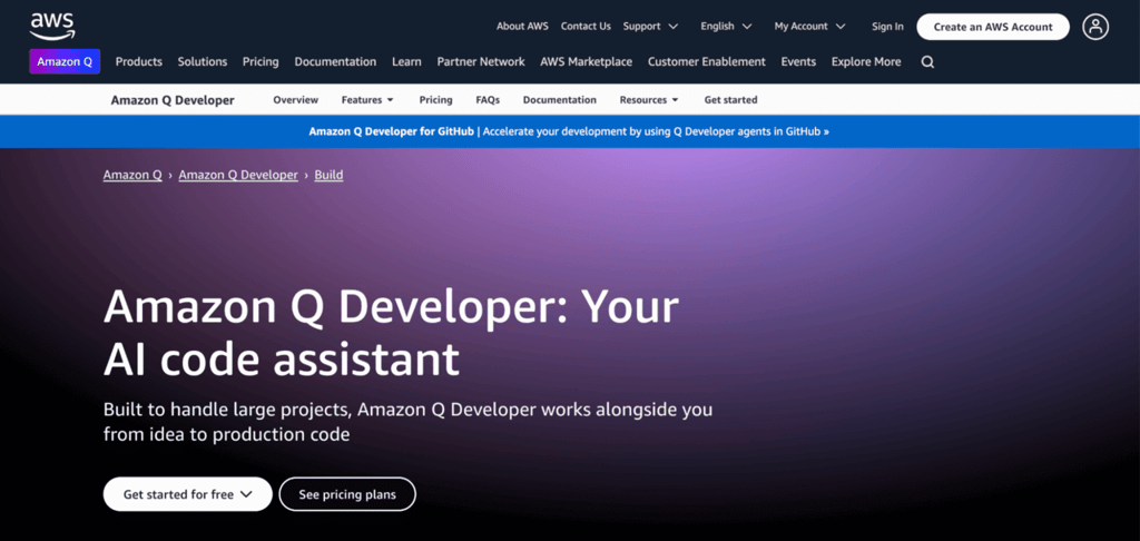 Landing page Amazon Q Developer
