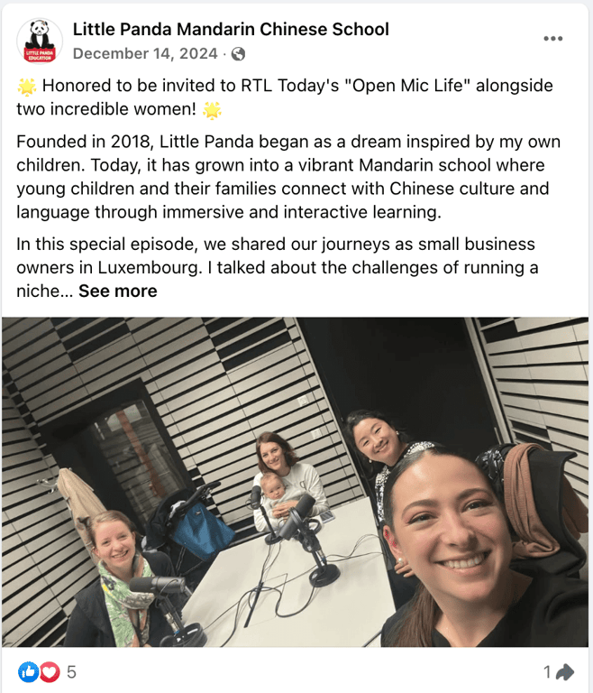 Postingan Facebook Little Panda Education yang menampilkan penampilan podcast.