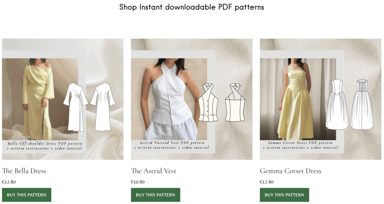 Halaman website Lizzie Studio yang menampilkan pola jahit sebagai produk digital