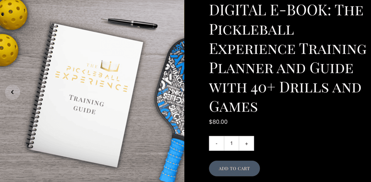 Halaman website The Pickleball Experience yang menampilkan ebook tentang latihan