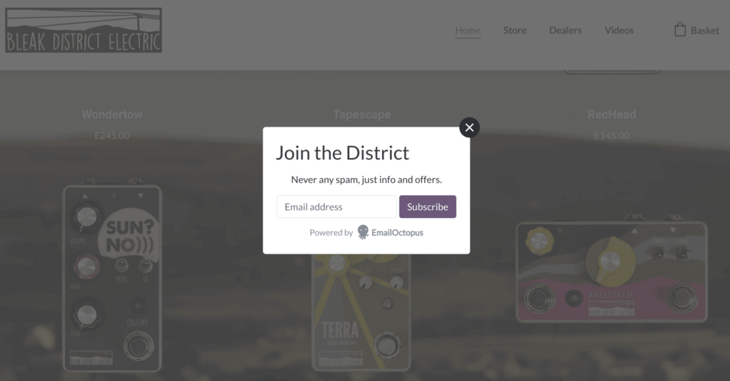 Panel popup untuk daftar email di homepage Bleak District Electric