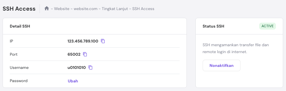 Akses SSH yang sudah aktif di hPanel