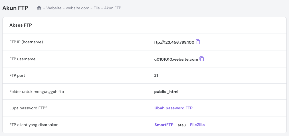 Informasi akun FTP di hPanel
