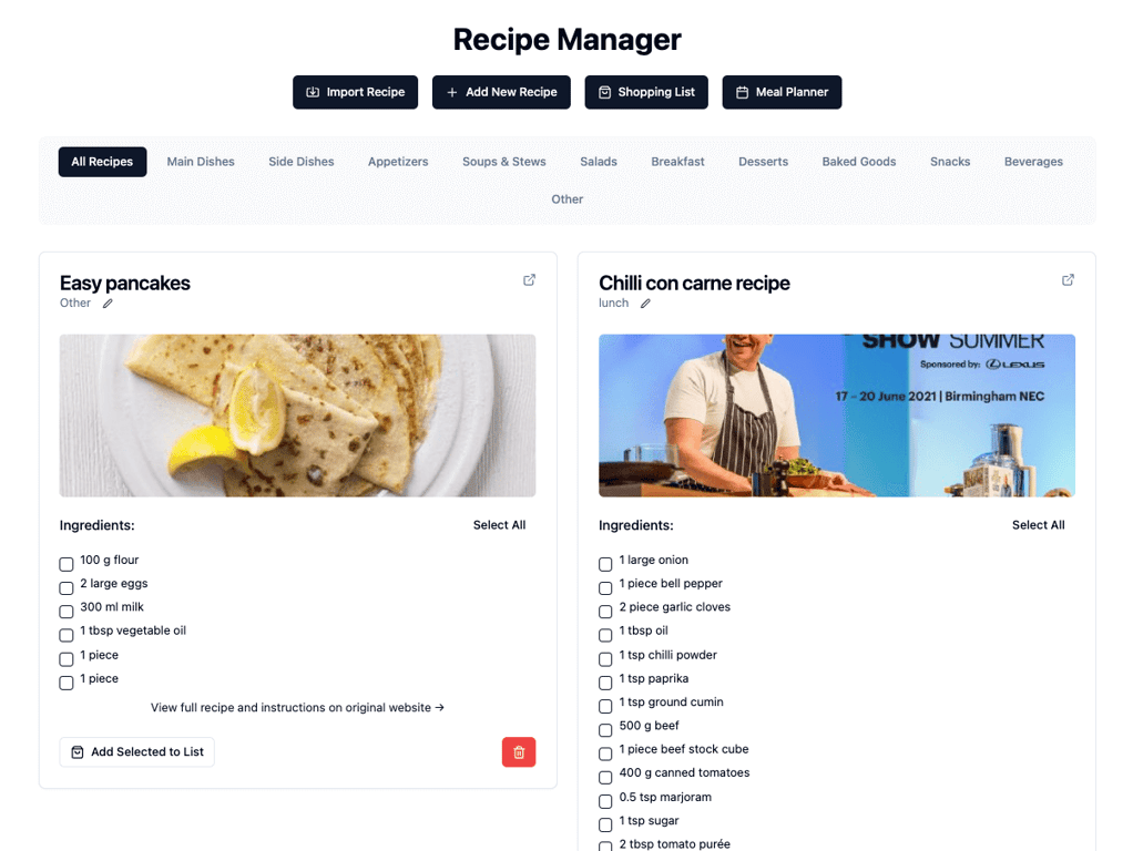 Contoh aplikasi pengelola resep yang dibuat menggunakan Hostinger Horizons