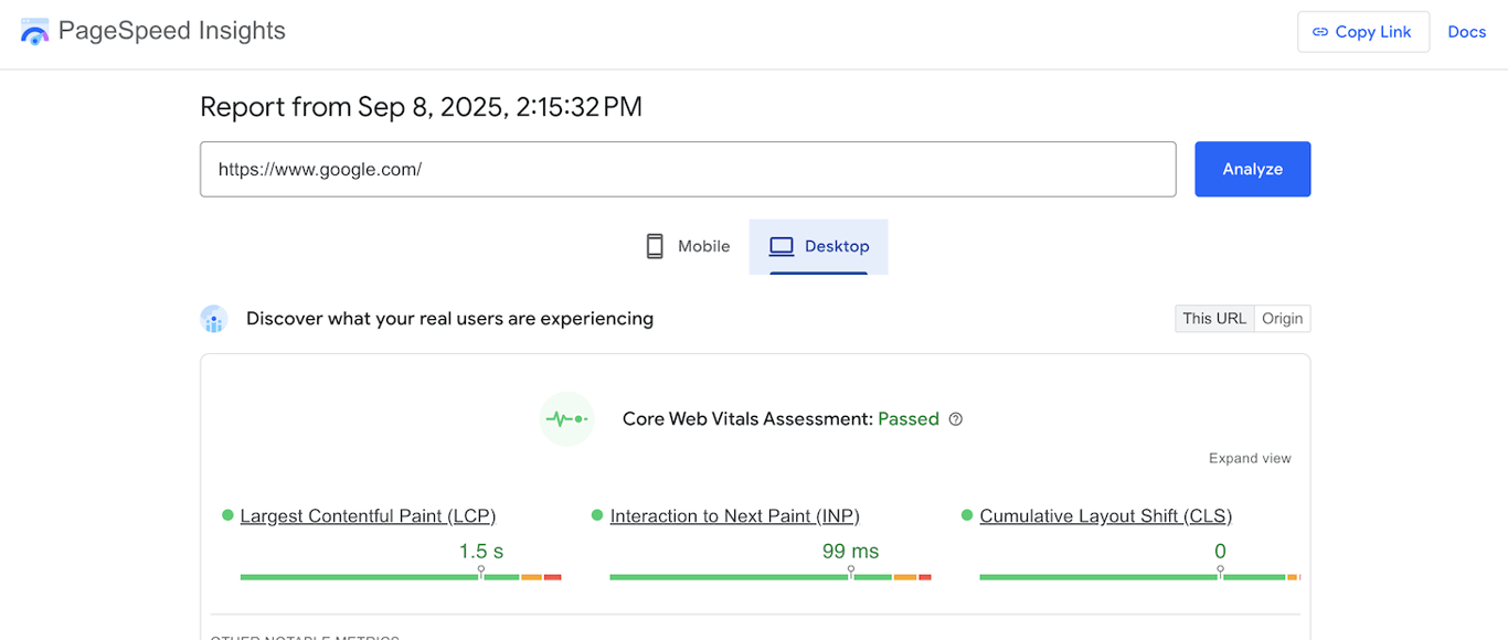 Hasil analisis halaman di Google PageSpeed Insights