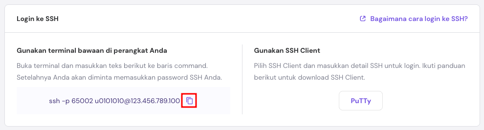 Bagian login ke SSH di hPanel dengan ikon salin command yang dipilih