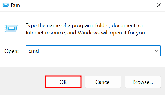Jendela Run Windows dengan tombol OK yang dipilih untuk menjalankan cmd