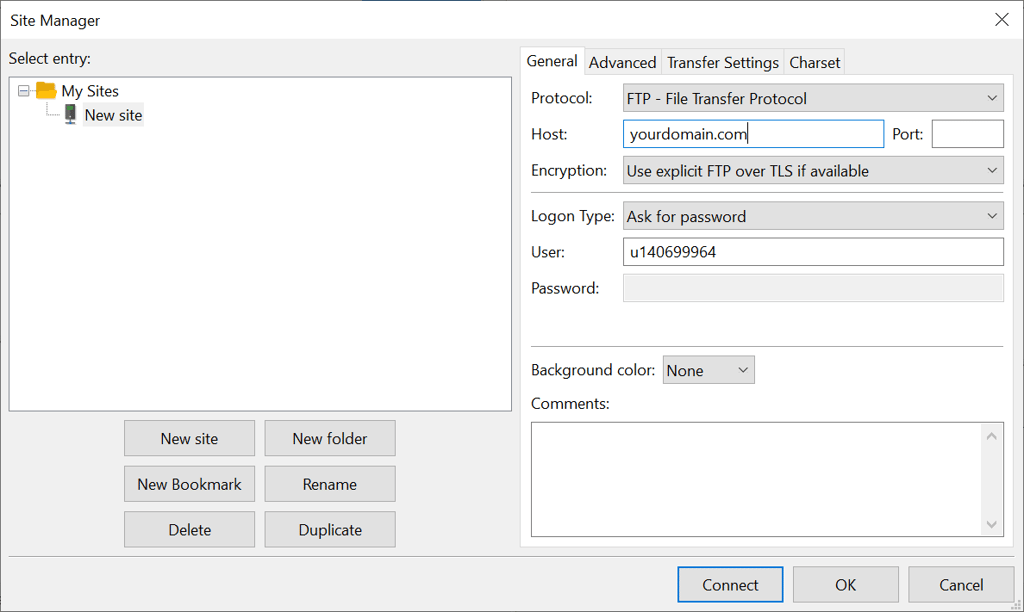 Tampilan bagian Site Manager di FileZilla