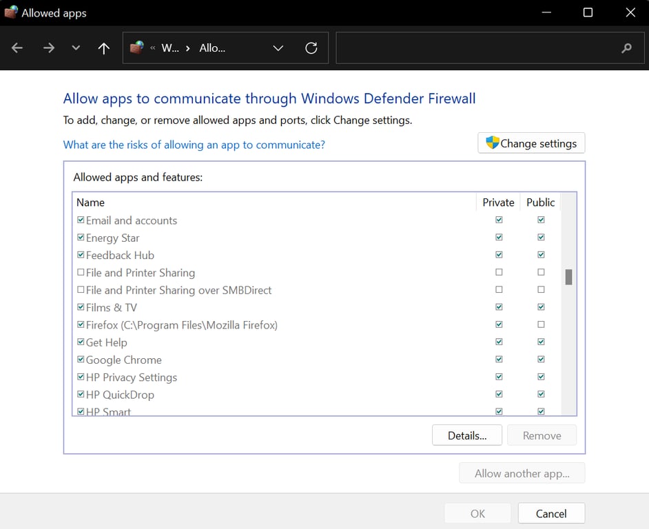 Daftar aplikasi yang diizinkan di Windows Defender Firewall