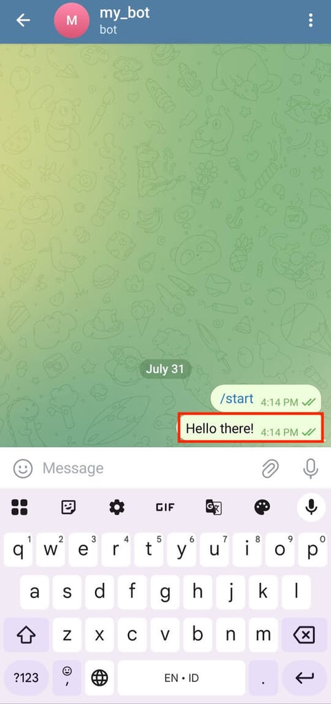Contoh mengirim pesan uji coba ke bot Telegram baru