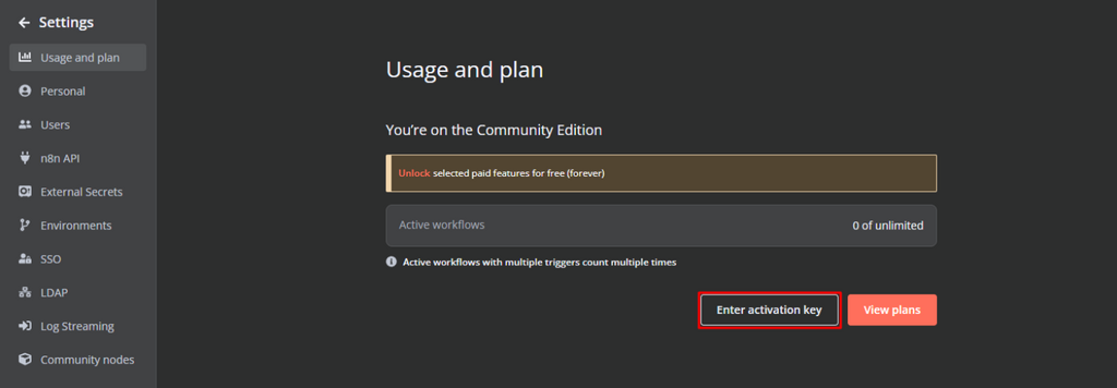 Halaman untuk memasukkan kunci aktivasi n8n