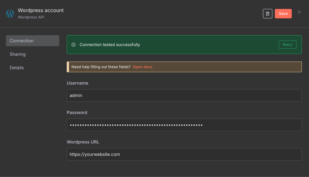 Menu konfigurasi kredensial node WordPress