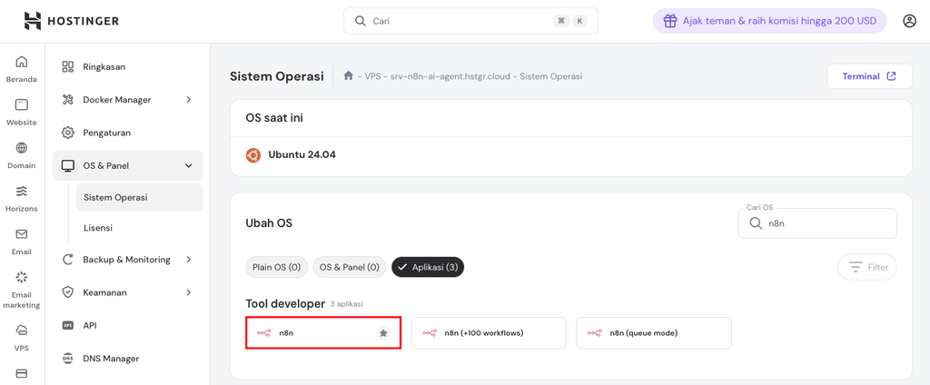 Aplikasi n8n yang dipilih di bagian Sistem Operasi & Panel di VPS hPanel