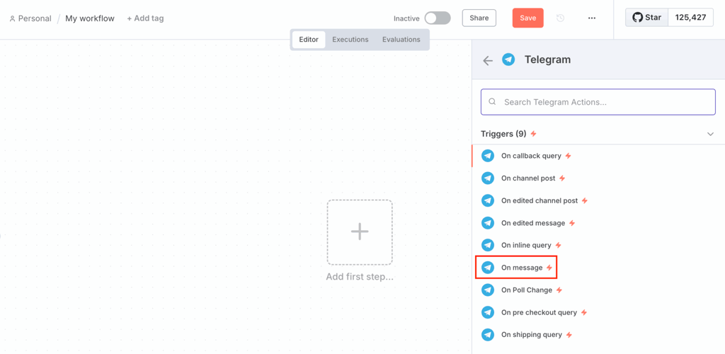 Node trigger pesan Telegram “On message” di n8n