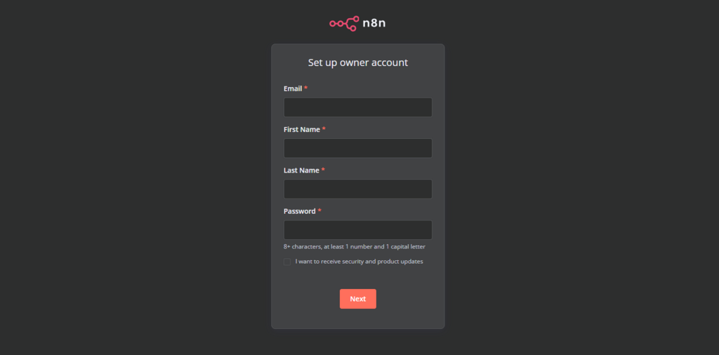 Halaman registrasi n8n dengan kolom email, nama, dan password