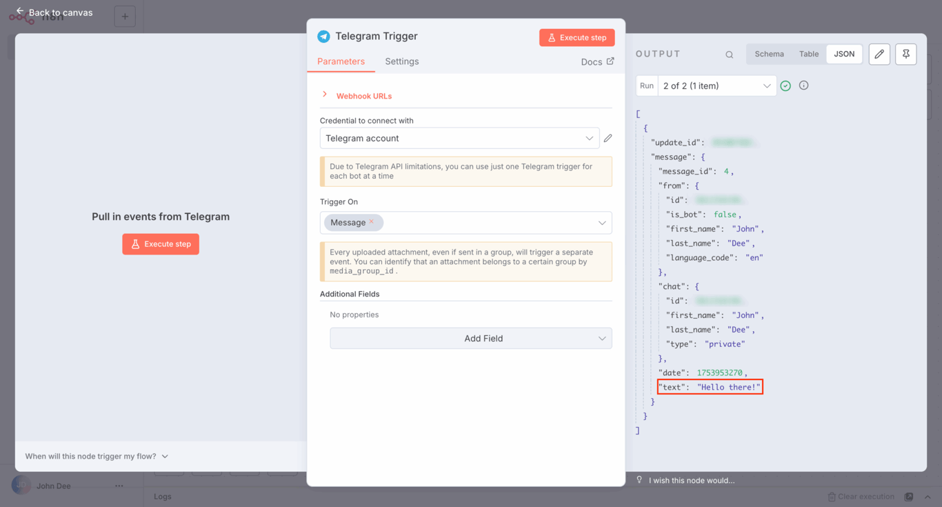 Data pesan di tab JSON node trigger Telegram pada n8n