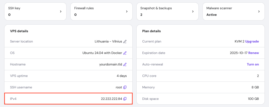 Ikhtisar Hostinger hPanel VPS dengan sorotan pada IPv4