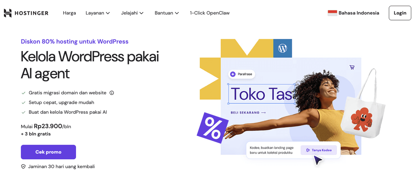 Landing page WordPress hosting dari Hostinger