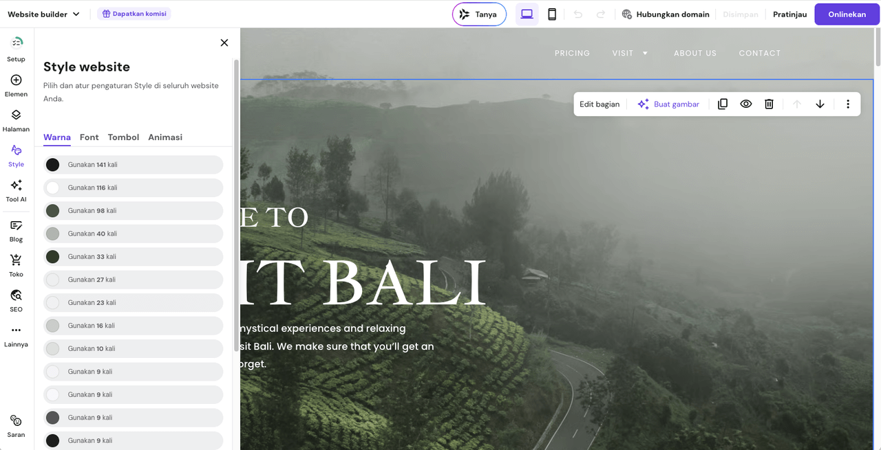 Menu style website di Website Builder Hostinger