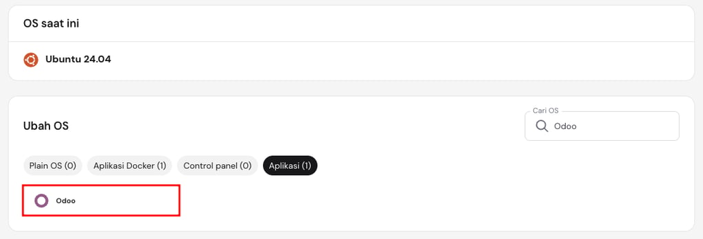 Hostinger menyediakan template Odoo yang sudah dikonfigurasi.