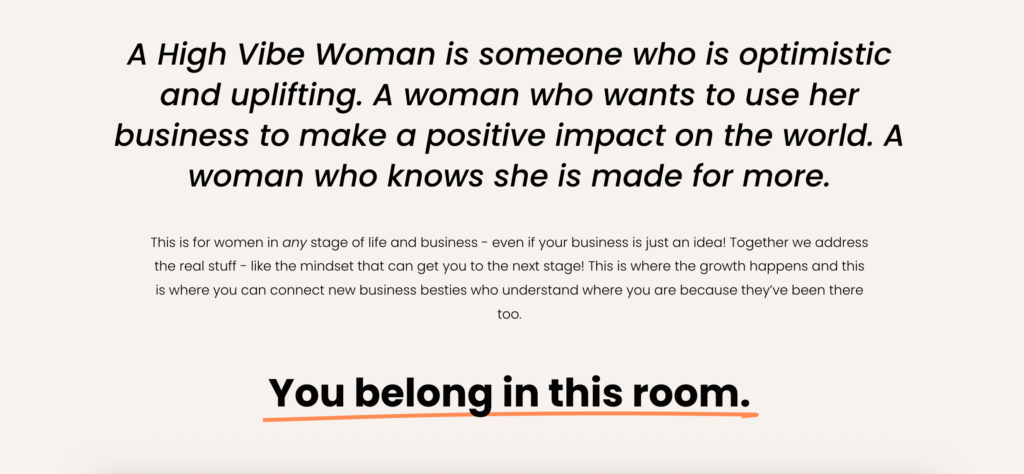 Bagian pada landing page High Vibe Women yang berbicara langsung kepada audiens target mereka.