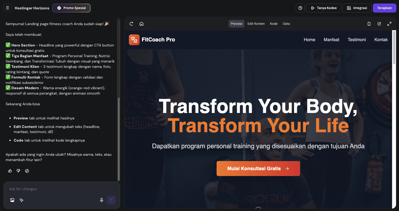 Contoh landing page fitness coach yang dibuat menggunakan Hostinger Horizons
